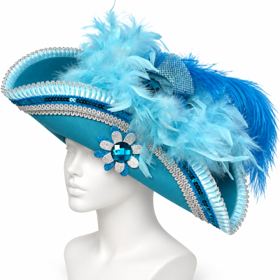 Chapéu tricornio azul com penas e decoração prateada