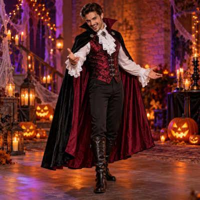 Homem vestido com fato de vampiro em ambiente decorado para Halloween