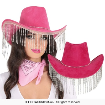 Chapéu de cowboy rosa com franjas de brilhantes e bandana rosa