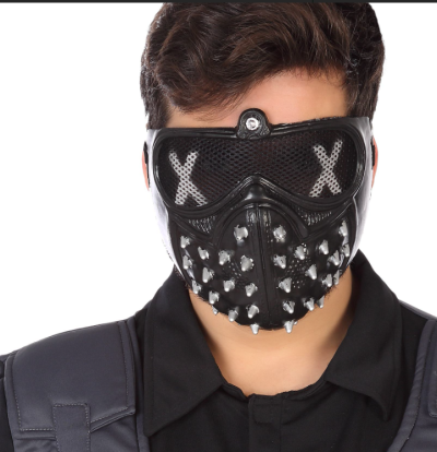 Máscara preta com metal pontiagudo e lentes em rede com X brancos
