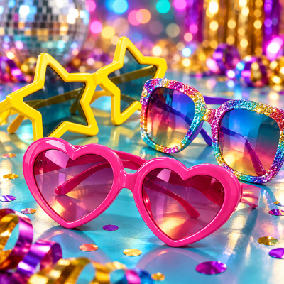 Três pares de óculos festivos com armações coloridas em formas de estrela, quadrado glitter e coração