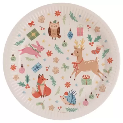 Prato descartável com desenhos de animais e símbolos de Natal coloridos