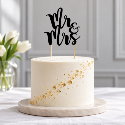 Bolo branco decorado com folhas douradas e topo com texto preto Mr & Mrs em prato de mármore