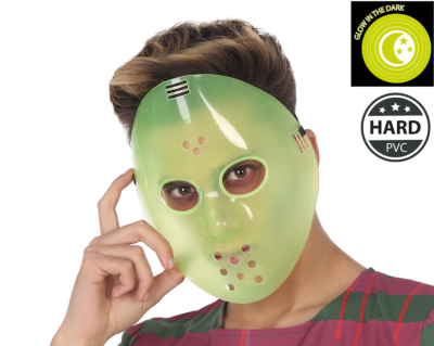 Máscara rígida em PVC verde clara com orifícios e indicação GLOW IN THE DARK e HARD PVC