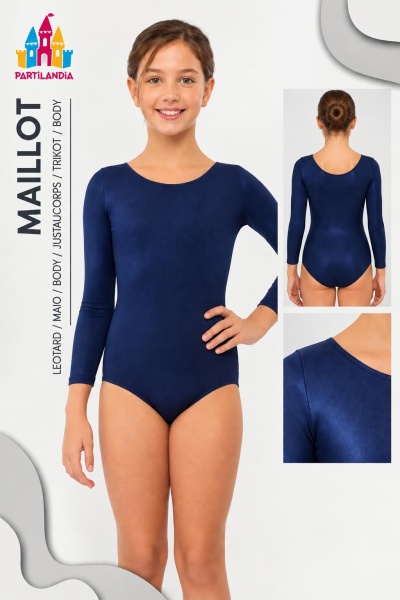 Leotard azul escuro de mangas compridas para criança em fundo branco