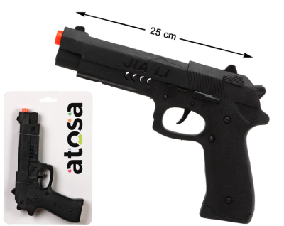 Pistola de brinquedo preta de 25 cm com ponta laranja e embalagem com logótipo ATOsa