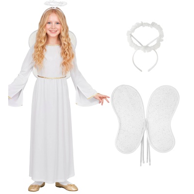 Criança com traje de anjo branco com asas e auréola