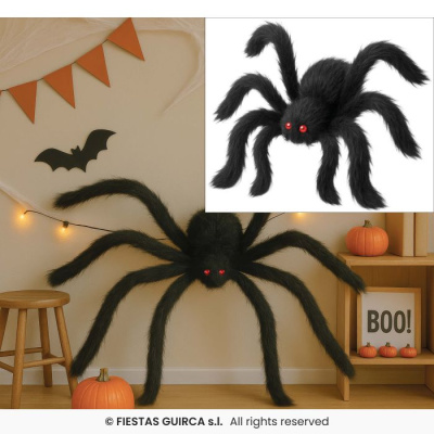 Aranha de pelúcia preta gigante com olhos vermelhos e decoração de Halloween