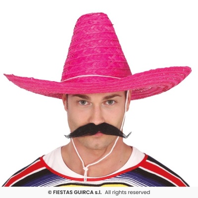 Homem com chapéu mexicano rosa de palha e bigode falso preto
