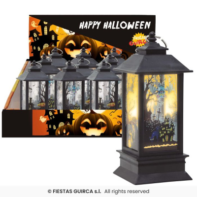 Lanterna decorativa preta de Halloween com ilustração de morcego e casa assombrada