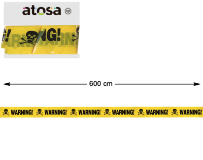 Fita amarela com texto WARNING! e caveiras pretas
