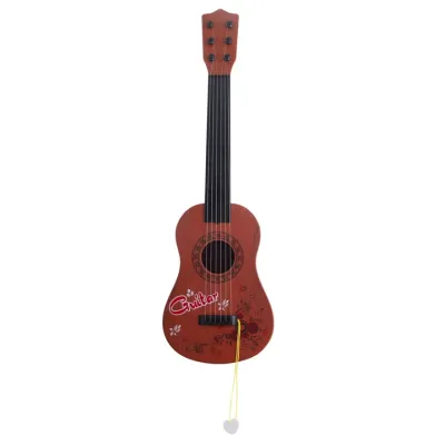 Violão infantil em madeira castanha com decoração floral e texto Guitar