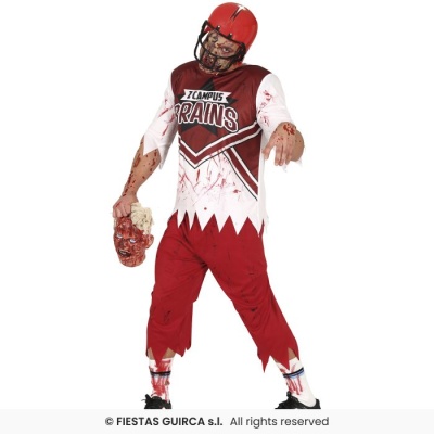 Pessoa vestida com fato de animadora zombi, capacete vermelho, segurando cabeça falsa sangrenta