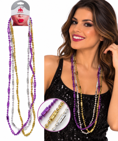 Conjunto de colares de contas coloridas com embalagem e mulher a usar os colares