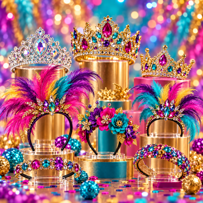 Coroas e tiaras coloridas decoradas com pedras, penas e flores em exposição festiva