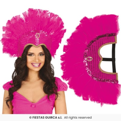Adereço de cabeça cor-de-rosa com penas e lantejoulas brilhantes