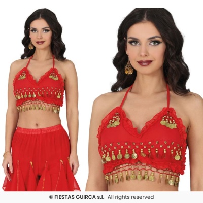 Conjunto feminino vermelho com detalhes dourados e folhos
