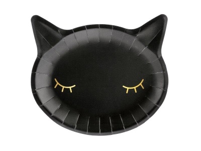 Prato preto em forma de gato com olhos fechados dourados