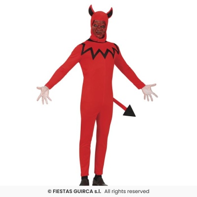 Fato de diabo vermelho com máscara demoníaca e cauda preta