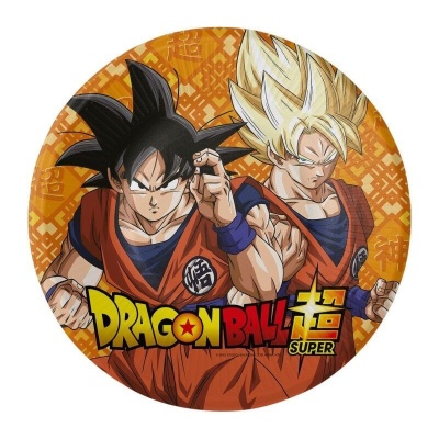 Prato redondo com personagens de Dragon Ball Super em fundo laranja
