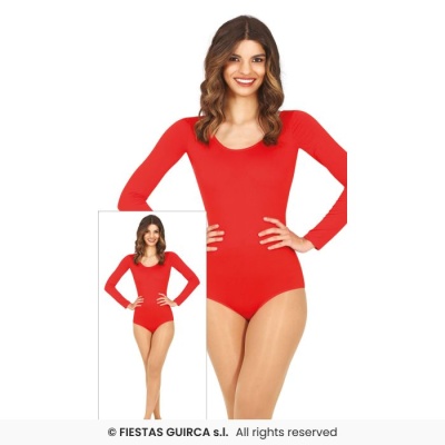 Body feminino vermelho de manga comprida com gola redonda, tecido liso e elástico em fundo branco.