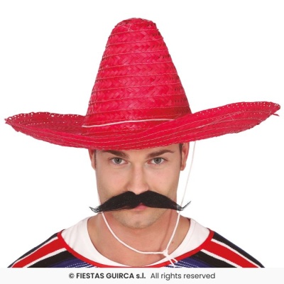 Homem com chapéu vermelho tipo sombrero e bigode falso