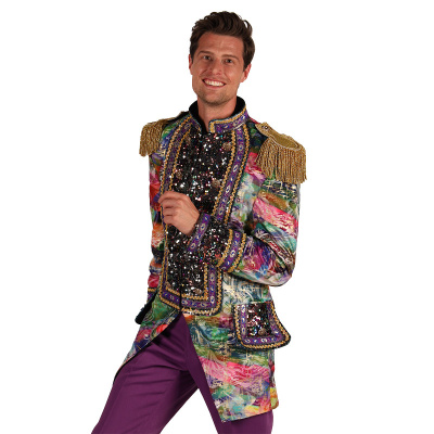 Blazer longo masculino colorido com lantejoulas e bordados dourados