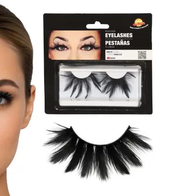 Pestanas falsas pretas estilo plumas em embalagem preta com texto e imagem dos olhos.