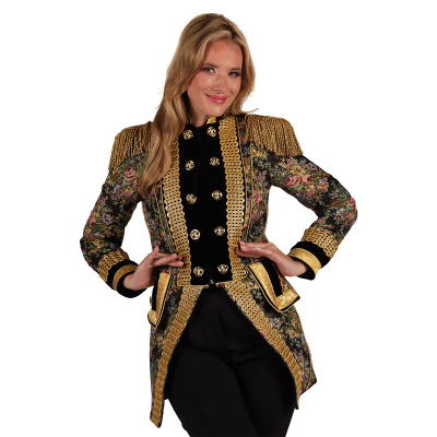 Casaco feminino militar com detalhes dourados e estampado floral