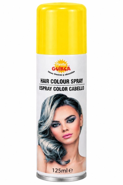 Spray de cor para cabelo com tampa amarela e imagem de mulher com cabelo cinzento