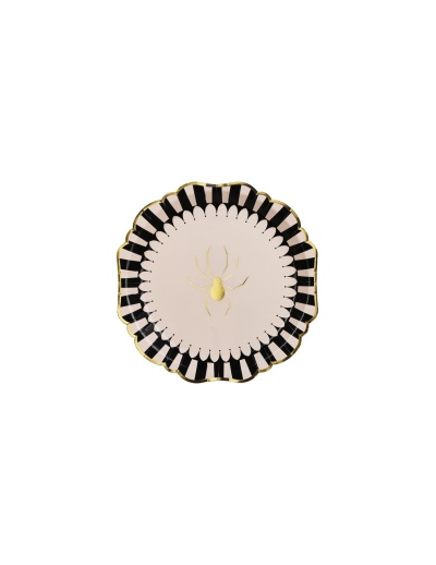 Prato decorativo rosa com aranha dourada e riscas preto e branco na borda