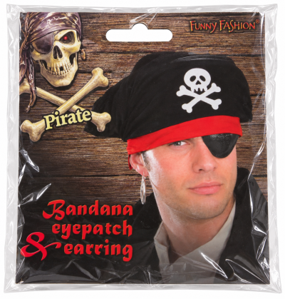 Pack de adereços de pirata com bandana preta, tapa-olho e brinco na embalagem