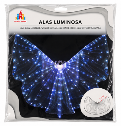 Asas luminosas azuis com luzes LED em embalagem