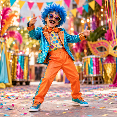 Criança em traje colorido e brilhante com peruca azul em festa com confetes e decorações coloridas