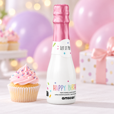 Popper de festa branco e rosa com texto de aniversário, cupcake e balões coloridos ao fundo