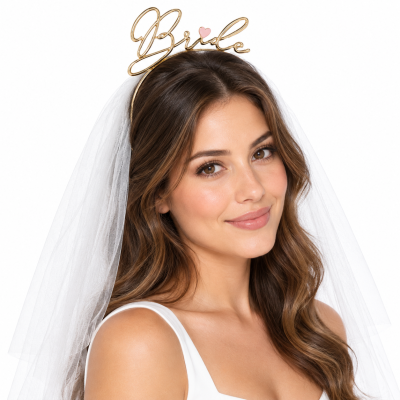 Mulher a usar tiara dourada com palavra Bride e véu branco de tule
