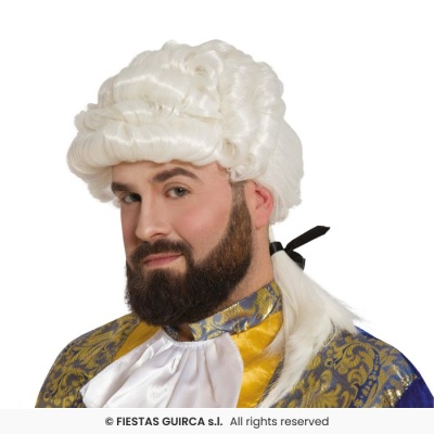 homem com peruca branca cacheada e traje azul e dourado com babado branco