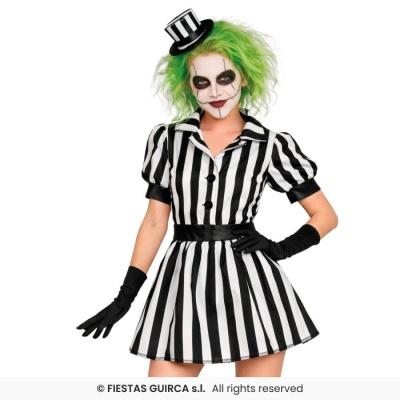 Vestido de Halloween riscas preto e branco com chapéu mini e luvas pretas