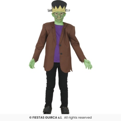 Fato infantil de monstro Frankenstein com pele verde, casaco castanho e acessórios de cabeça