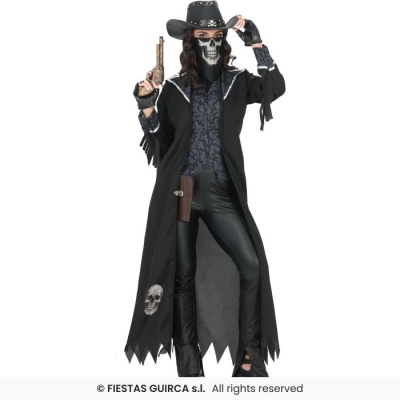 Fato de cowboy preto com máscara de caveira e acessórios