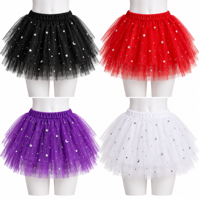 Saia tutu em tule com estampado de estrelas e luas em preto, vermelho, roxo e branco