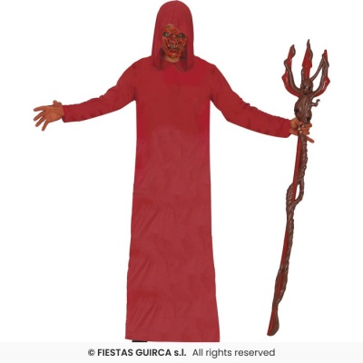 Fantasia de diabrete vermelha com capuz, máscara e tridente