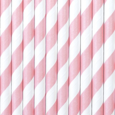 Palhinhas de papel rosa e branco às riscas em espiral alinhadas verticalmente