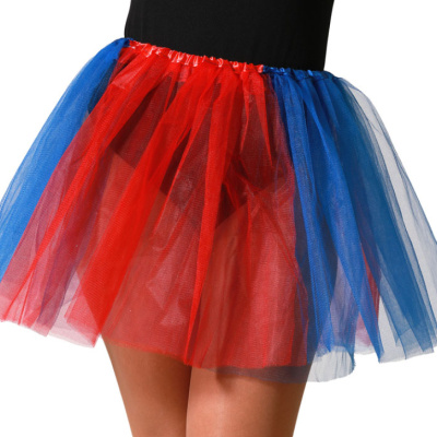 Saia tutu vermelha e azul de tule com cós elástico vermelho