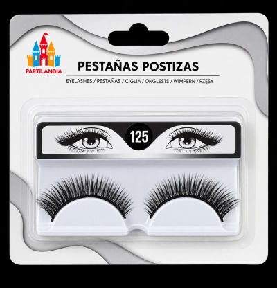 Pestanas postiças negras em embalagem branca com o logo PARTILANDIA e número 125.