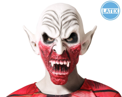 Máscara de monstros em látex branco e vermelho com dentes afiados e olhos visíveis