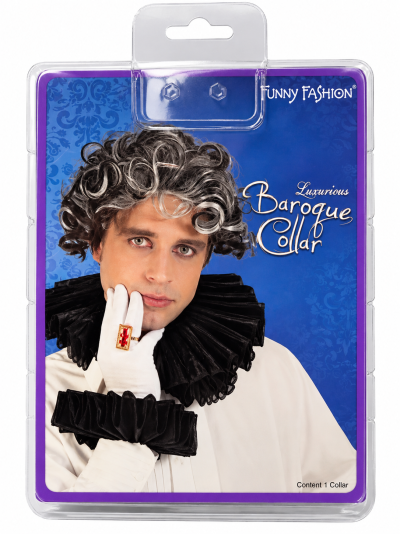 Colar barroco luxuoso preto em embalagem com fundo azul e texto