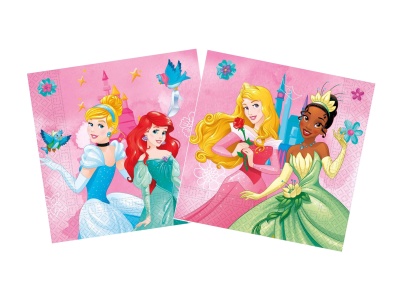 Guardanapos com estampa de princesas Disney e fundo rosa com castelos.
