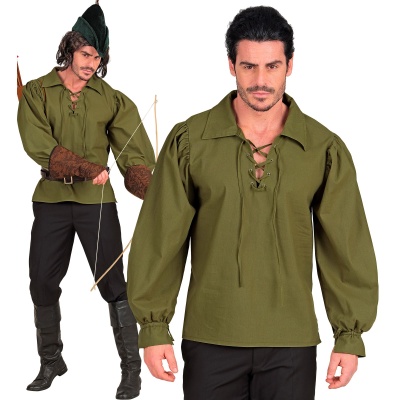 Camisa verde de manga comprida com laçada, calças pretas, fundo branco.
