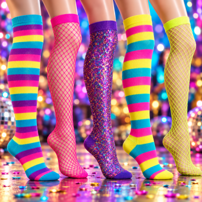 Meias coloridas e brilhantes em diferentes padrões e texturas exibidas em pernas femininas.